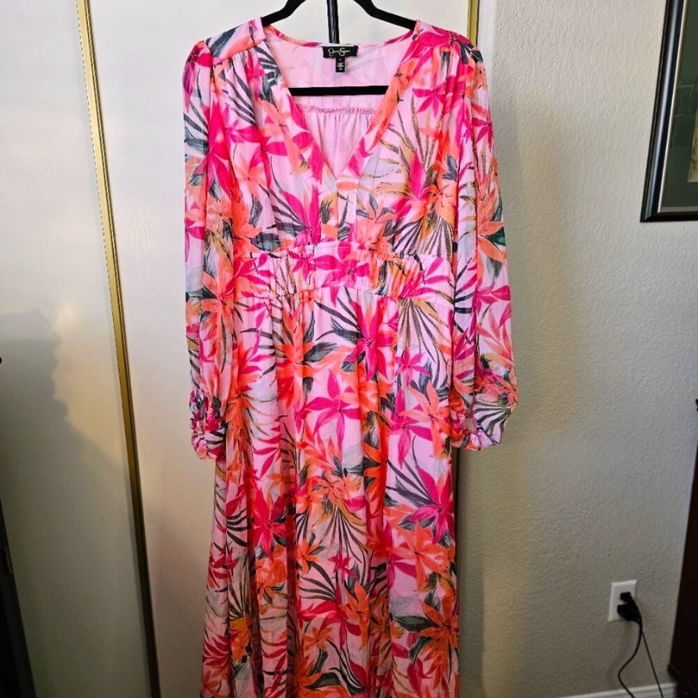 Jessica Simpson Pink Floral Canopy Tropical Chiffon Maxi Dress Size L